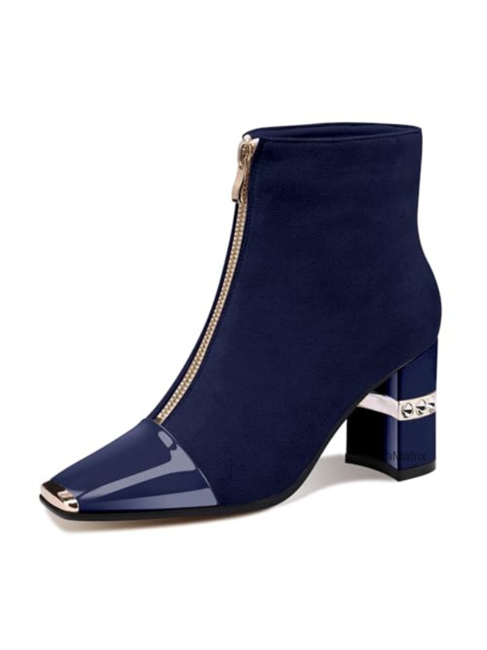 Women's Suede Ankle Boots Block Chunky Heel Square Metal Toe Zip